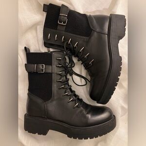TAHARI | Chunky Lace Up Combat Boots with Buckle Detail